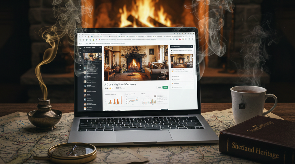 A founder's desk at 1am, illuminated by a laptop screen, with a peat fire in the background.