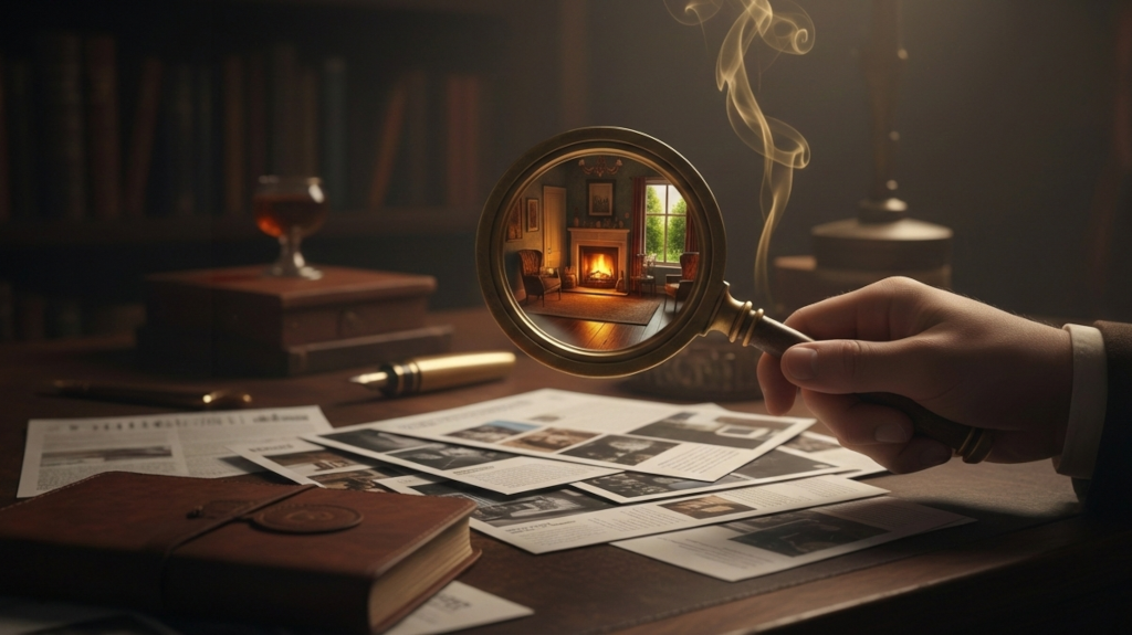 A brass magnifying glass revealing a vivid 3D room inside a travel brochure, with a wisp of smoke.