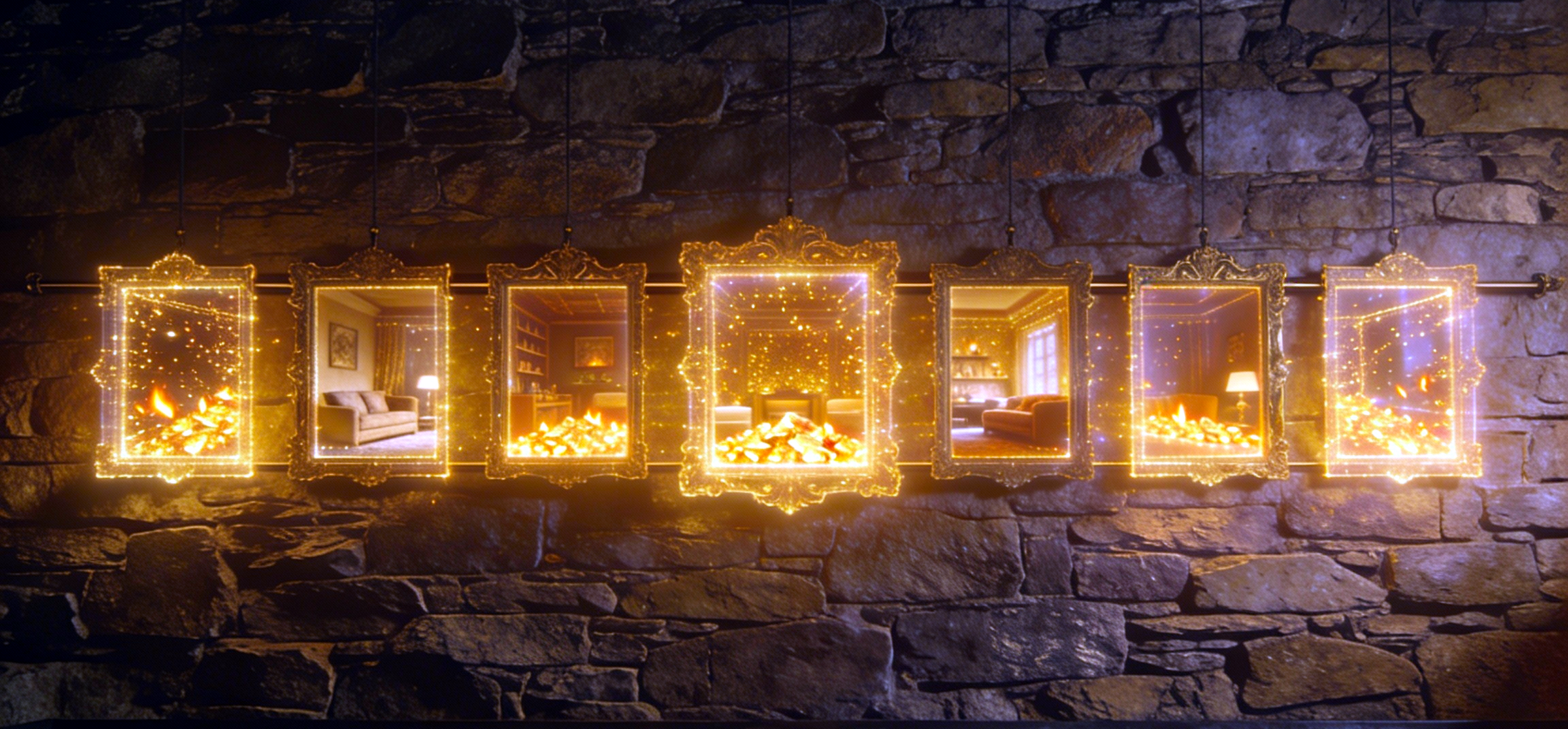 The Gallery of Embers: A rustic wall of glowing fireplace frames.